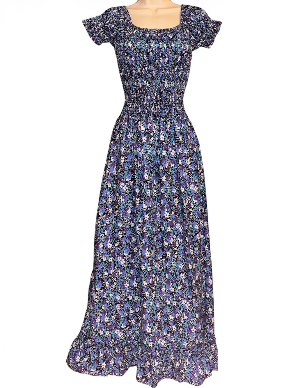 Vintage 1970s Elon of California by Monika Floral Smocked Maxi Dress Sz Small